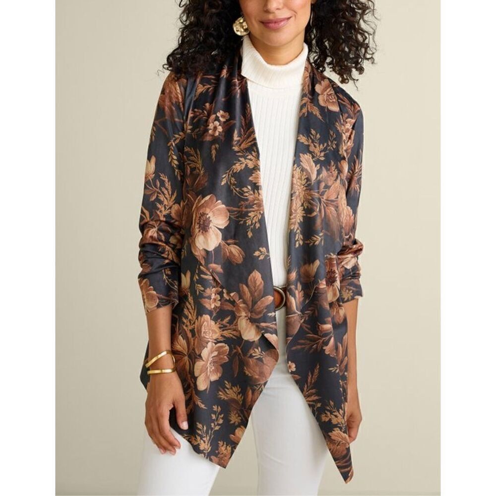 Soft Surroundings faux suede floral shape drape cardigan jacket PM petite - Picture 3 of 10